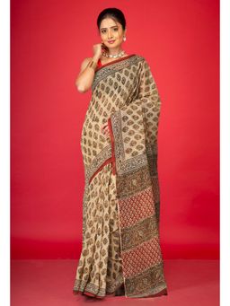 Unnati Silks - Cream Pure Bagru Kalamkari Printed Kota Saree with Unstitched Blouse