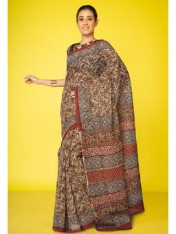 Unnati Silks - Cream Pure Bagru Kalamkari Printed Kota Saree with Unstitched Blouse