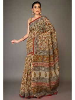 Unnati Silks - Cream Pure Bagru Kalamkari Printed Kota Saree with Unstitched Blouse