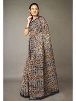 Unnati Silks - Cream Pure Bagru Kalamkari Printed Kota Saree with Unstitched Blouse