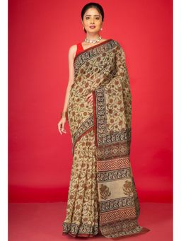 Unnati Silks - Cream Pure Bagru Kalamkari Printed Kota Saree with Unstitched Blouse
