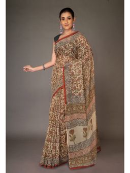 Unnati Silks - Cream Pure Bagru Kalamkari Printed Kota Saree with Unstitched Blouse