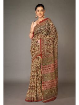 Unnati Silks - Cream Pure Bagru Kalamkari Printed Kota Saree with Unstitched Blouse