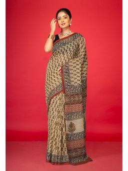 Unnati Silks - Cream Pure Bagru Kalamkari Printed Kota Saree with Unstitched Blouse