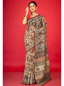 Unnati Silks - Cream Pure Bagru Kalamkari Printed Kota Saree with Unstitched Blouse