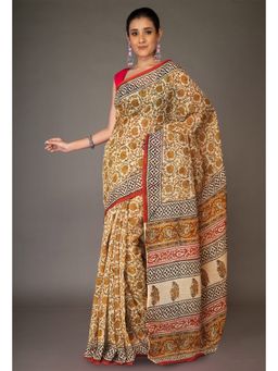 Unnati Silks - Cream Pure Bagru Kalamkari Printed Kota Saree with Unstitched Blouse