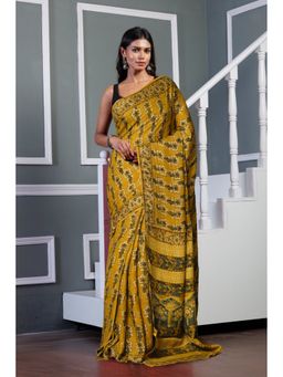 Unnati Silks - Yellow Pure Ajrakh Printed Gaji Soft Silk Saree with Unstitched Blouse