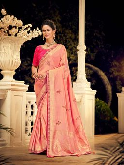 Odette - Pink Colour Viscose Dola Silk Saree Pair with Raw Silk with Unstitched Blouse