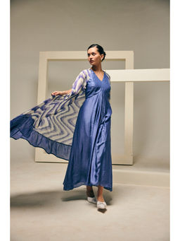 Suramya - Navy Blue Ruffle Cape with Pleated Gown (Set of 2)