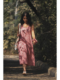 ODHANON - Pink Hand Block Printed Midi Dress for Women