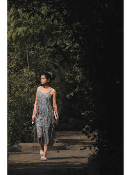 ODHANON - Blue Hand Block Printed Midi Dress for Women