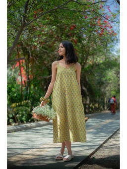 ODHANON - Green Hand Block Printed Midi Dress for Women