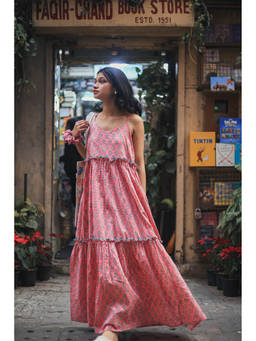 ODHANON - Pink Floral Printed Tiered Maxi Dress for Women