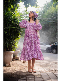 ODHANON - Purple Floral Printed A-Line Midi Dress for Women