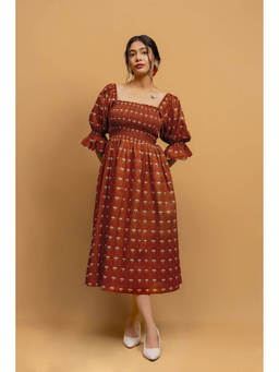 ODHANON - Brown Printed Midi Dress for Women