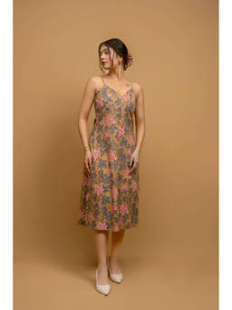ODHANON - Mustard Floral Printed A-Line Midi Dress for Women