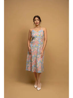 ODHANON - Blue Floral Printed A-Line Midi Dress for Women