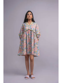 ODHANON - Blue Floral Printed A-Line Mini Dress for Women