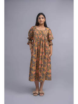 ODHANON - Mustard Floral Printed A-Line Midi Dress for Women