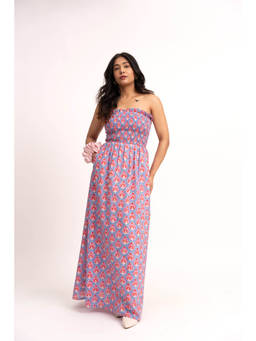ODHANON - Blue Hand Block Print Fit and Flare Maxi Dress for Women