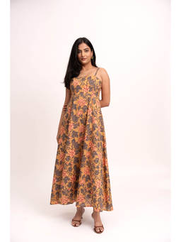 ODHANON - Mustard Printed Fit and Flare Maxi Dress for Women