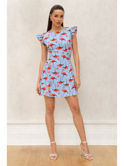 Ombrello - Blue Flamingo Print Embroidered Mini Dress