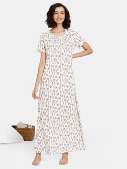 Zivame - Color Me Happy Knit Cotton Full Length Nightdress - Egret