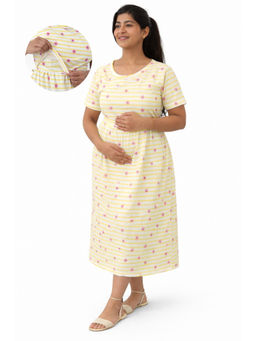 Putchi - Round Neck Cotton Fresh Daisy Stripe Feeding Maternity Dress - White