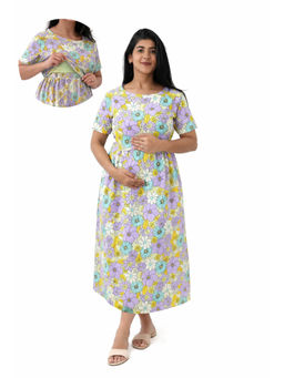 Putchi - Round Neck Cotton Lavender Meadow Feeding Maternity Dress -Lavender