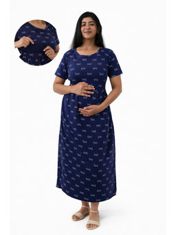 Putchi - Round Neck Cotton Bow Whisper Feeding Maternity Dress- Navy Blue