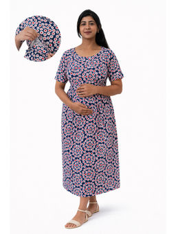 Putchi - Round Neck Cotton Retro Daisy Feeding Maternity Dress -Indigo
