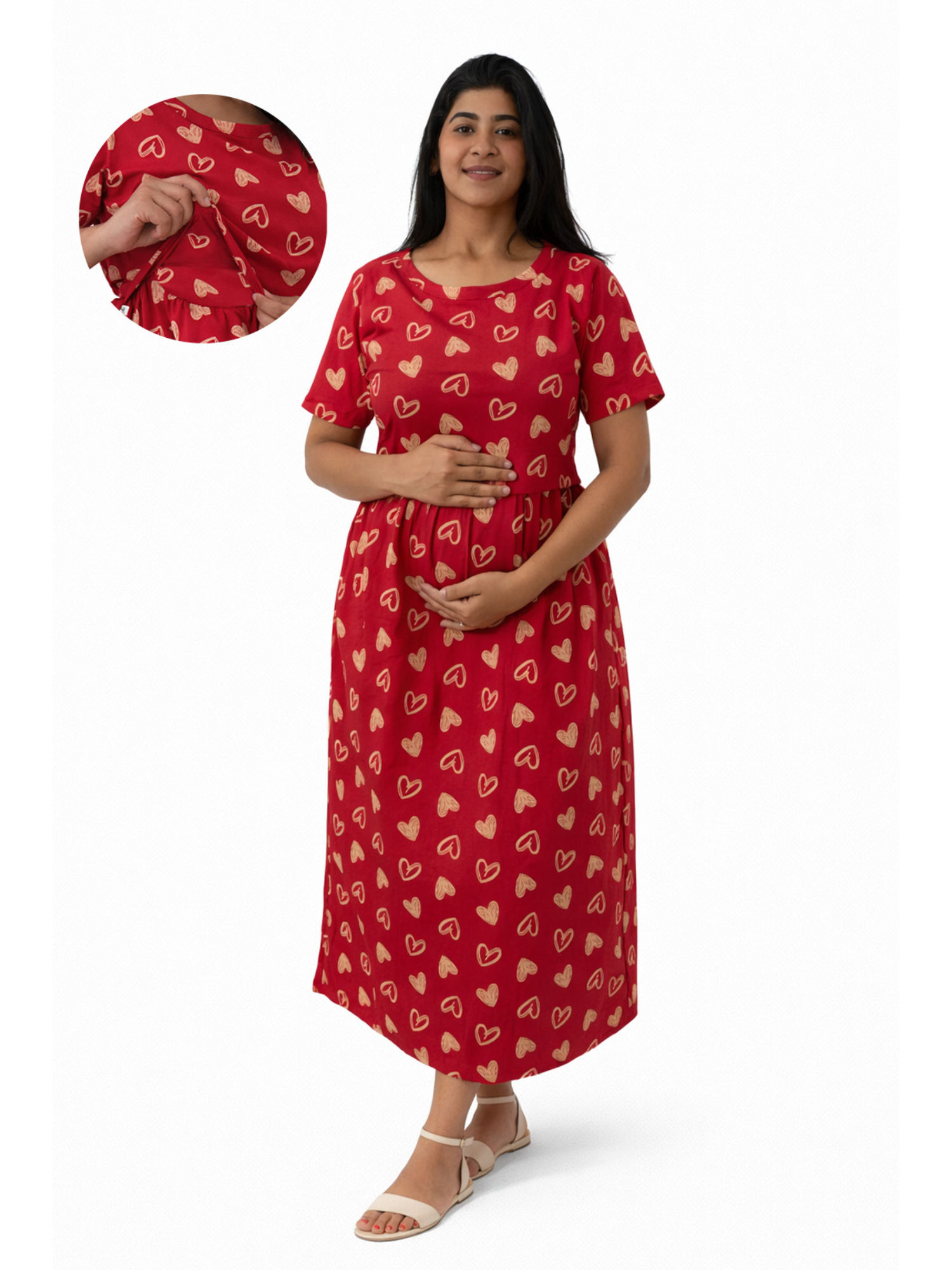 putchi Round Neck Cotton Ruby Hearts Feeding Maternity Dress-Red-picture-16