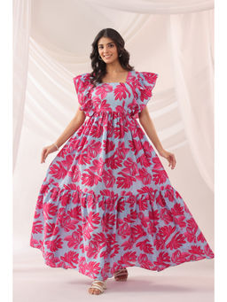 Ikk Kudi By Seerat - Whispering Leaves Blue Cotton Tier Dress