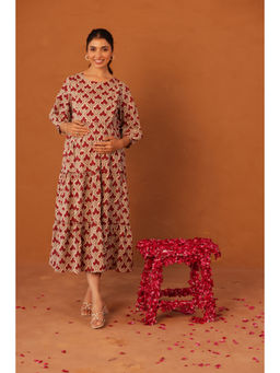 Ikk Kudi By Seerat - Muted Maroon Bloom Cotton Maternity and Nursing Tier Dress