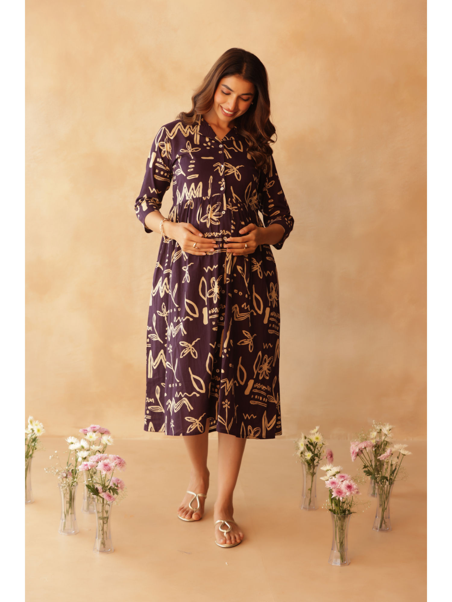 Artisan Lineplay Buttoned Cotton Maternity & Nursing Dress-picture-43