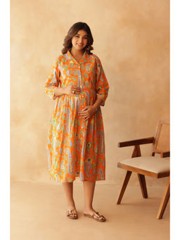 Ikk Kudi By Seerat - Tangerine Paisley Buttoned Cotton Maternity & Nursing Dress