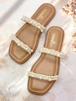 Toprico - Two Strap Beads Embroidered Pearly Tan Flat