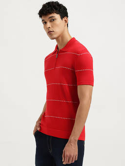 United Colors of Benetton - Men Red Regular Fit Polo Neck Striped T-Shirt