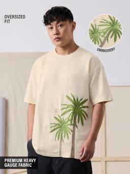 The Souled Store - The Palm Trees Men Cream Oversized T-Shirts