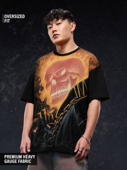 The Souled Store - The Fire Skull Men Black Oversized T-Shirts
