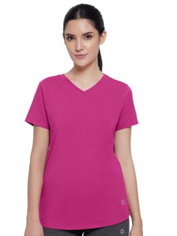 Amante - Essential Solid V-Neck Short Sleeve T-Shirt-Pink