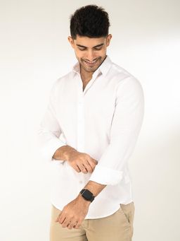 The Bleu Label - Mens Casual Linen Full Sleeves Collar Neck Shirt White