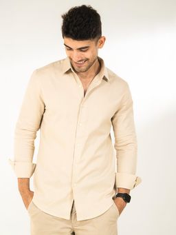 The Bleu Label - Mens Casual Linen Full Sleeves Collar Neck Shirt Beige