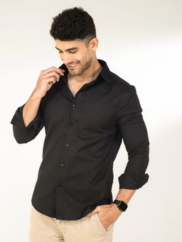 The Bleu Label - Mens Casual Linen Full Sleeves Collar Neck Shirt Black
