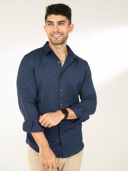 The Bleu Label - Mens Casual Linen Full Sleeves Collar Neck Shirt Navy Blue