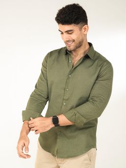 The Bleu Label - Mens Casual Linen Full Sleeves Collar Neck Shirt Olive