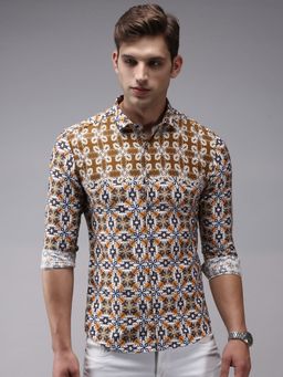 SHOWOFF - Men Brown Collar Neck Ethnic Motifs Comfort Fit Shirt