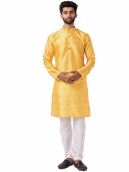 THE KURTA COMPANY - Mens Canary Yellow & Cream Silk Blend Comfort Fit Printed Kurta
