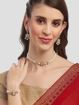 Karatcart - Gold Plated Handcrafted Floral Pearl Beaded Necklace with Earrings & Bracelet (Set of 3)
