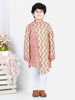 Kinder Kids - Orange & Green Zig- Zag Pattern Kurta with Floral Print (Set of 2)